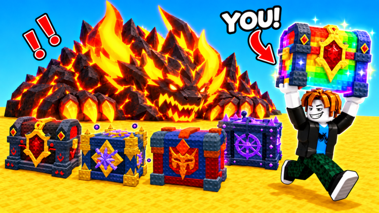 A player carries a rainbow-trimmed crate away from a snarling lava beast while rows of decorated crates line the ground in Steal From The Rich!
