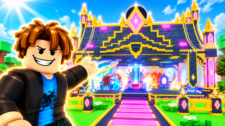A player shows off an ornate gold-and-purple palace-style base in Steal From The Rich!