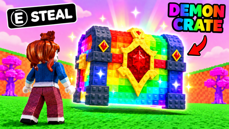 A player faces a glowing rainbow demon crate with the on-screen Steal prompt shown beside them in Steal From The Rich!