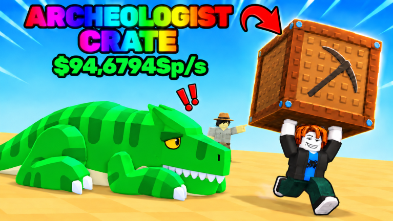 A player carries an archeologist crate past a green dinosaur on the sandy Archeologist-area street in Steal From The Rich!