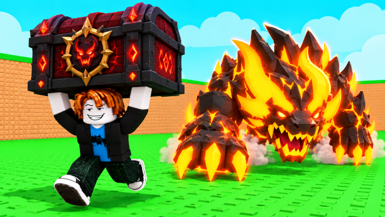 A grinning player hauls a dark demon chest away from a snarling lava monster across a green field in Steal From The Rich!