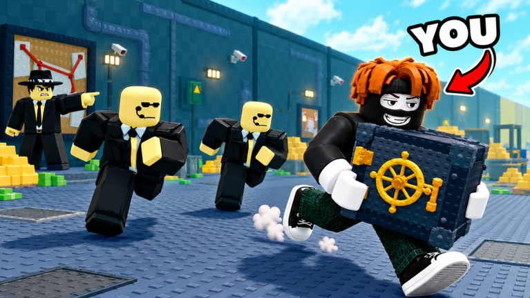 A masked player sneaks away carrying a heavy safe while suited rich guards give chase through a vault corridor in Steal From The Rich!